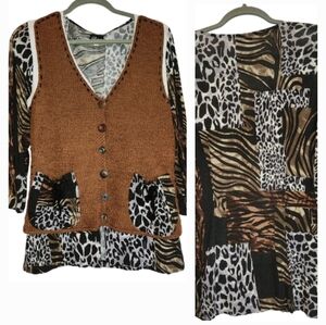 Elaris Animal Print Mixed Media Cardigan Possibly Vintage Size L Patchwork